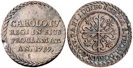 1789. Carlos IV. Sanlúcar de Barrameda. Colegio de Santo Tomás. Medalla de Proclamación. (Ha. 92 var. por metal) (V. 97 var. por metal). 2,67 g. Ø20 m...