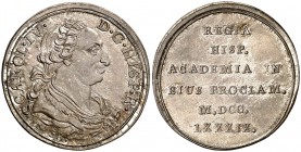1789. Carlos IV. Sevilla. La Universidad. Medalla de Proclamación. Módulo 2 reales. (Ha. 97). 6,14 g. Bella. Preciosa pátina. Rara así. EBC+.