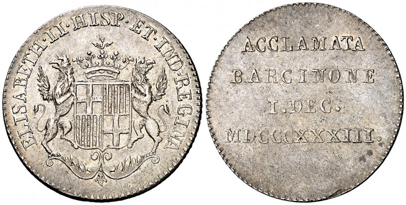 1833. Isabel II. Barcelona. Medalla de Proclamación. Módulo 1 real. (Ha. 6) (V. ...