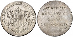 1833. Isabel II. Barcelona. Medalla de Proclamación. Módulo 1 real. (Ha. 6) (V. 739) (V.Q. 13355) (Cru.Medalles 252). 3,53 g. Brillo original. EBC.