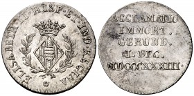 1833. Isabel II. Girona. Medalla de Proclamación. Módulo 1 real. (Ha. 12) (V. 744) (V.Q. 13362) (Cru.Medalles 255). 2,84 g. Brillo original. EBC.