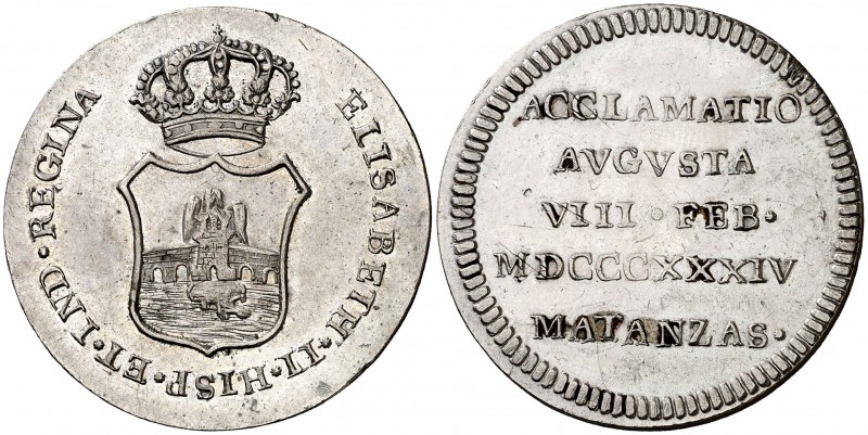 1834. Isabel II. Matanzas (Cuba). Medalla de Proclamación. Módulo 2 reales. (Ha....