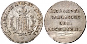 1833. Isabel II. Tarragona. Medalla de Proclamación. Módulo 1 real. (Ha. 33) (V. 761 var) (V.Q. 13383) (Cru.Medalles 261). 3,35 g. Rayitas. Preciosa p...
