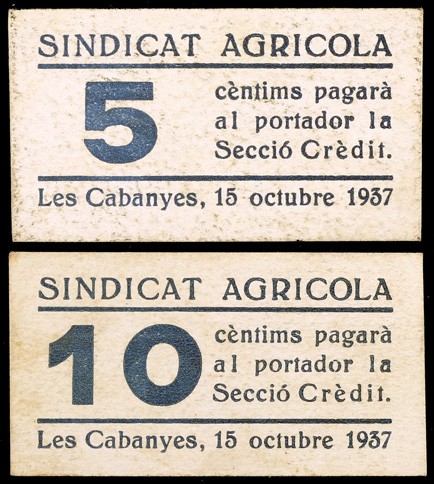 Cabanyes, les. Sindicat Agrícola. 5 y 10 céntimos. (T. 640 y 641). Lote de 2 car...