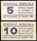 Cabanyes, les. Sindicat Agrícola. 5 y 10 céntimos. (T. 640 y 641). Lote de 2 cartones, serie completa. Extraordinariamente raros. MBC+/EBC-.