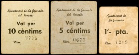 Granada del Penedès, la. 5, 10 céntimos y 1 peseta. (T. 1330, 1335 y 1338). 3 cartones. Muy raros. MBC-/MBC+.