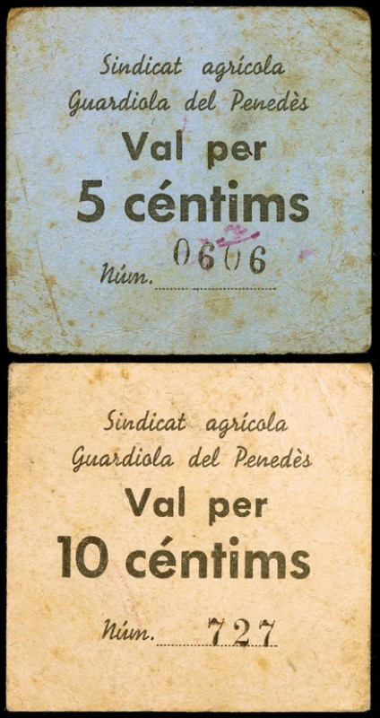 Guardiola del Penedès. 5 y 10 céntimos. (T. 1384a y 1385). 2 cartones. Muy raros...