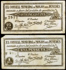 Monjos del Penedès, els. 25 céntimos y 1 peseta. (T. 1755 y 1757). 2 billetes. Raros. BC+.