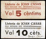 Monjos del Penedès, els. Lletería de Joan Casas. 5 y 10 céntimos. (AL. falta). 2 cartones, uno con la firma del propietario. Raros. MBC-/MBC+.