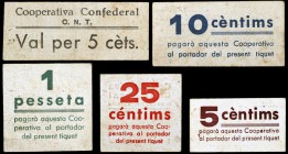 Vilafranca del Penedès. Cooperativa Confederal C.N.T. 5 (dos), 10, 25 céntimos y 1 peseta. (AL. 2369, 2370, 2371, 2373 y 2374. 5 cartones. Conjunto mu...