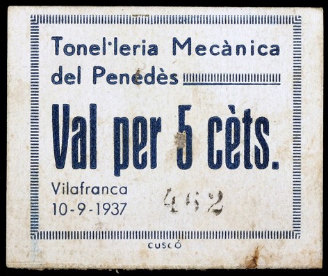 Vilafranca del Penedès. Tonel·leria Mecànica. 5 céntimos. (AL. 2377). Cartón. Ma...