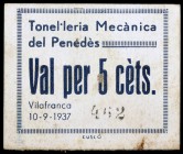 Vilafranca del Penedès. Tonel·leria Mecànica. 5 céntimos. (AL. 2377). Cartón. Manchita. Raro. MBC+.