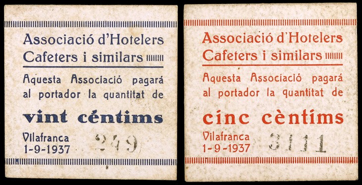 Vilafranca del Penedès. Associació d'Hotelers i similars. 5 y 20 céntimos. (AL. ...
