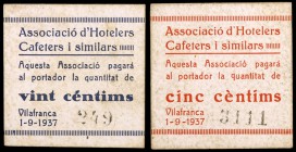 Vilafranca del Penedès. Associació d'Hotelers i similars. 5 y 20 céntimos. (AL. 2379 y 2380). 2 cartones, serie completa. Escasos. MBC/MBC+.