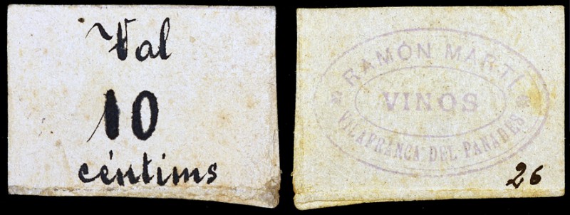 Vilafranca del Penedès. Ramón Martí. Vinos. 10 céntimos. (AL. falta). Cartón nº ...