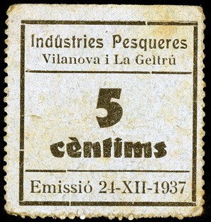 Vilanova i la Geltrú. Indústries Pesqueres. 5 céntimos. (AL. falta). Cartón. Rar...