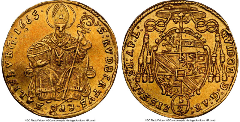 Salzburg. Guidobald gold 1/2 Ducat 1665 AU55 NGC, KM164, Fr-776. One of just two...