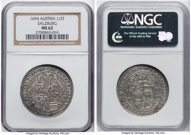 Salzburg. Johann Ernst 1/2 Taler 1694 MS62 NGC, KM253. A most appreciable repres...