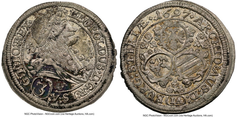 Leopold I 3 Kreuzer 1697-IA MS63 NGC, Graz mint, KM1115. HID09801242017 © 2024 H...