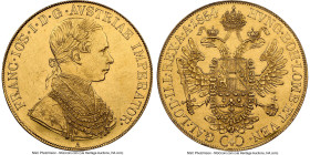 Franz Joseph I gold 4 Ducat 1854-A AU Details (Harshly Cleaned) NGC, Vienna mint, KM2271.2, Fr-484. No berries in laureate variety. The massive planch...