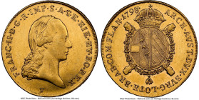 Franz II gold Restrike Souverain d'Or 1793-V (1823) AU Details (Obverse Cleaned) NGC, Gunzburg mint, KM64. An elusive Restrike type, last offered by o...