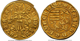 Matthias Corvinus gold Goldgulden ND (1458-1490) AU55 NGC, Kremnitz mint, Fr-20. 3.42gm. • S • LADISL | AVS • RЄX, St. Ladislaus standing facing holdi...