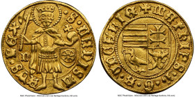 Matthias Corvinus gold Goldgulden ND (1458-1490) AU Details (Bent) NGC, Nagybanya mint, Fr-20, H-674. • S • LADISL | AVS • RЄX, St. Ladislaus standing...