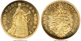 Maria Theresa gold Ducat 1765-KB MS63 NGC, KM329.2, Fr-180. Ruler standing variety. Though a popular type that appears with some frequency at auction,...