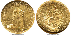 Maria Theresa gold 2 Ducat 1765-KB/KD AU58 NGC, Kremnitz mint, KM379, Fr-179. A highly desirable multiple ducat on the verge of Mint State. HID0980124...
