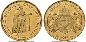 Franz Joseph I gold 10 Korona 1906-KB AU55 NGC, Kremnitz mint, KM485, Fr-252, H-2200. Minor scuffing and wear limits the grade though the intricate de...