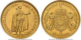 Franz Joseph I gold 10 Korona 1913-KB MS63 NGC, Kremnitz mint, KM485, Fr-252, H-2200. Magnificent details are preserved on this Choice piece that fall...