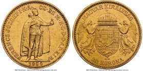 Franz Joseph I gold 20 Korona 1900-KB AU55 NGC, Kremnitz mint, KM486, Fr-250, H-2198. Velveteen fields are aglow under minimally worn devices. Only si...