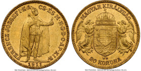 Franz Joseph I gold 20 Korona 1911-KB UNC Details (Obverse Scratched) NGC, Kremnica mint, KM486. Lowest mintage date of the series. HID09801242017 © 2...