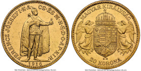 Franz Joseph I gold 20 Korona 1916-KB MS61 NGC, Kremnitz mint, KM495. With Bosnian arms in shield. Very desirable in this Mint State designation, the ...