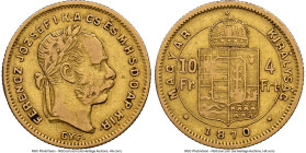 Franz Joseph I gold 4 Forint-10 Francs 1870-GYF VF30 NGC, Karlsburg mint, KM454.1, Fr-245, H-2120. A scarce single-year issue from the Karlsburg mint....