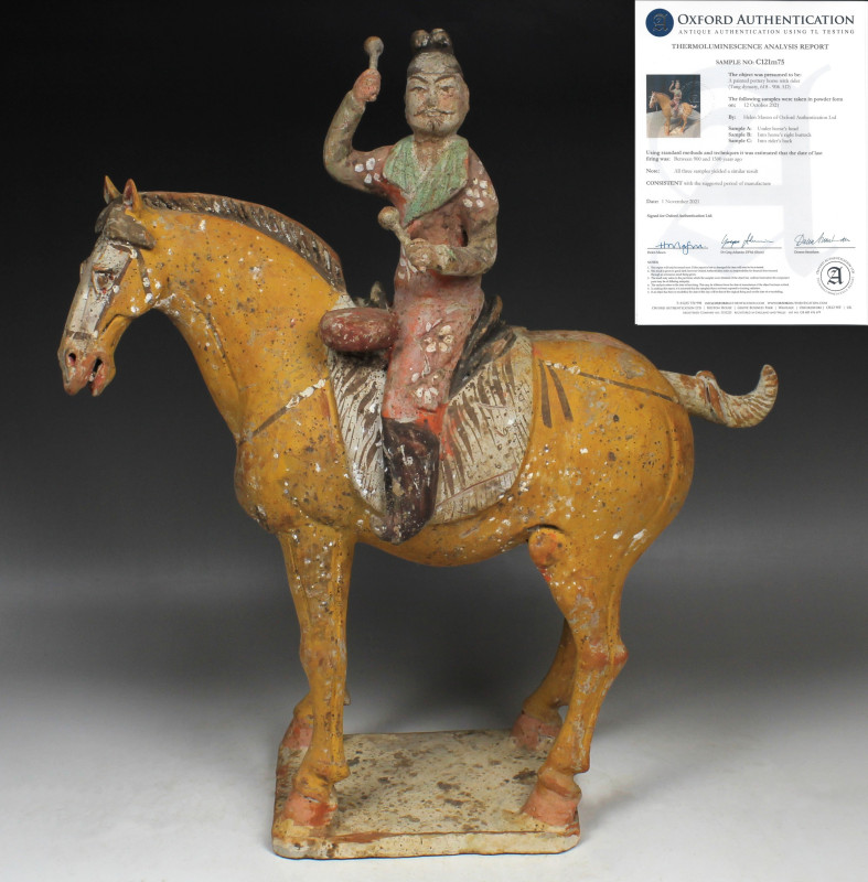 Chinese, Tang dynasty statuette of a horse with musician with Thermoluminescence...