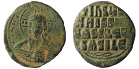 Basil II. and Constantine VIII. (1020-1028 AD). Follis. Constantinople. Obv: bust of Christ facing holding book. Rev: legend in four lines. artificial...