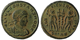 Constantinus II. (330-333 AD). Æ Follis. Antioch. Obv: FL IVL CONSTANTINVS NOB C. laureate bust of Constantinus II. right. Rev: GLORIA EXERCITVS. two ...