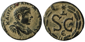 Diadumenian. (217-218 AD). Æ Bronze. Syria. Antioch. Obv: draped bust of Diadumenian right. Rev: SC in wreath. artificial sandpatina. 18mm, 3,28g