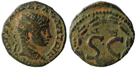 Elagabalus. (218-222 AD). Æ Bronze. Syria. Antioch. Obv: bust of Elagabalus right. Rev: SC in wreath. artificial sandpatina. 19mm, 3,87g
