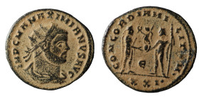 Maximianus. (285-295 AD). Æ Antoninian. Antioch. Obv: IMP CMA MAXIMIANVS PF AVG. radiate cuirassed bust right. Rev: CONCORDIA MILITVM. Jupiter present...