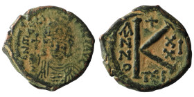 Maurice Tiberius. (600-601 AD). 1/2 Follis. Thessalonica. Obv: bust of Maurice Tiberius facing. Rev: A/N/N/O K. artificial sandpatina. 20mm, 5,54g