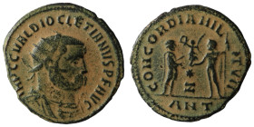 Diocletian. (285 AD). Æ Antoninian. Antioch. Obv: IMP C C VAL DIOCLETIANVS P F AVG. radiate cuirassed bust of Diocletian right. Rev: CONCORDIA MILITVM...