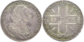RUSSLAND GROSSFUERSTENTUM / KAISERREICH
Peter I., 1682 / 1689 - 1725. Rubel 1724, Roter Münzhof. Bitkin 933. 28.37 g. Sehr schön +
Ex. Auktion Gorny...