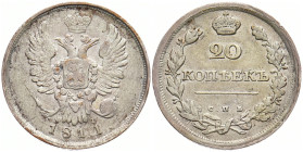RUSSLAND GROSSFUERSTENTUM / KAISERREICH
Alexander I., 1801 - 1825. 20 Kopeken 1811, St.-Petersburg. Bitkin 185. 4.62 g. Fast vorzüglich