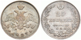 RUSSLAND GROSSFUERSTENTUM / KAISERREICH
Nikolaus I., 1825 - 1855. 25 Kopeken 1827, St.-Petersburg. Bitkin 124. 5.06 g. Kl. Belagreste, min. Reinigung...