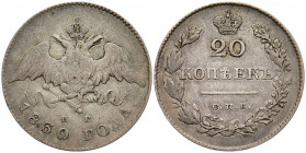 RUSSLAND GROSSFUERSTENTUM / KAISERREICH
Nikolaus I., 1825 - 1855. 20 Kopeken 1830, St.-Petersburg. Bitkin 137. 4.19 g. Gereinigt, sehr schön