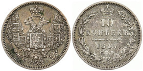 RUSSLAND GROSSFUERSTENTUM / KAISERREICH
Nikolaus I., 1825 - 1855. 10 Kopeken 1847, St.-Petersburg. Bitkin 371. Fast sehr schön
