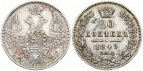 RUSSLAND GROSSFUERSTENTUM / KAISERREICH
Nikolaus I., 1825 - 1855. 20 Kopeken 1849, St.-Petersburg. Bitkin 336. 4.08 g. Gereinigt, sehr schön