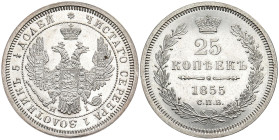 RUSSLAND GROSSFUERSTENTUM / KAISERREICH
Alexander II., 1855 - 1881. 25 Kopeken 1855, St.-Petersburg. Bitkin 53. 5.13 g. Vorzüglich-Stempelglanz
